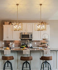Slick Six Bulb Gold Chandelier That Gonna Level Up Your Space, modern farmhouse ceiling light over kitchen island.