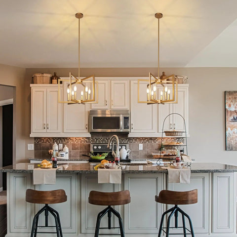 Slick Six Bulb Gold Chandelier That Gonna Level Up Your Space, modern farmhouse ceiling light over kitchen island.