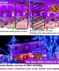 Comparison of two images showing flicker-free LED lighting for events and colorful house lighting, Outdoor LED Flood Light Set 800W Equivalent With Bluetooth Smart Color Changing RGB And Warm White 2700K, App And Group Control, Scheduling, IP66 Waterproof, 4 Pack, DIY Scene Modes For Landscape Lighting.