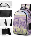 Purple Flower Valley Printed Unisex Backpack With Large Capacity Durable Polyester Daypack showing handle, straps, zipper, pockets.