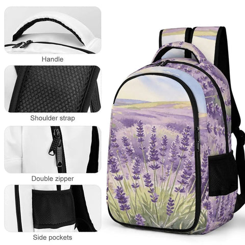 Purple Flower Valley Printed Unisex Backpack With Large Capacity Durable Polyester Daypack showing handle, straps, zipper, pockets.
