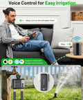 Man using WiFi Sprinkler Timer 2 Zone With 1700 Ft Range, Smart Hose Timer, voice control with Alexa and Google Voice.