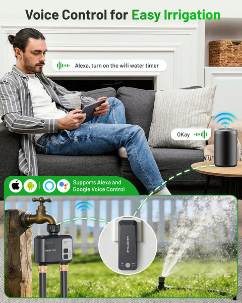 Man using WiFi Sprinkler Timer 2 Zone With 1700 Ft Range, Smart Hose Timer, voice control with Alexa and Google Voice.