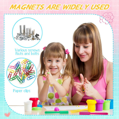 Child and parent playing with clay; educational use of magnets like screws and paper clips.