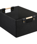 Heavy Duty Foldable Storage Baskets In Matte Black With Chunky Wood Handles Rectangle Linen Cube Organizer Box with handles.