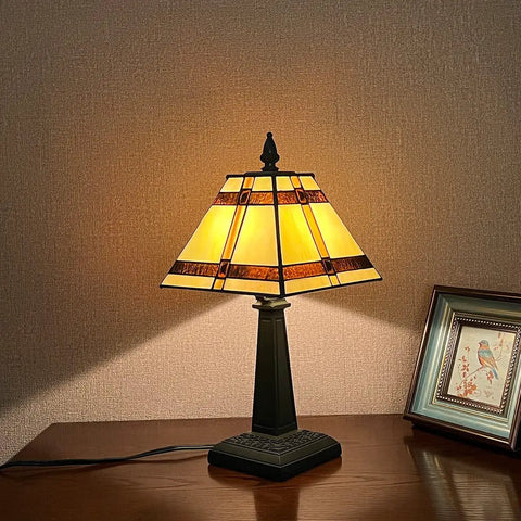 Tiffany Style Cream Stained Glass Mini Table Lamp 8x8x16 Inch on wooden desk, glowing with vintage charm, resin base visible