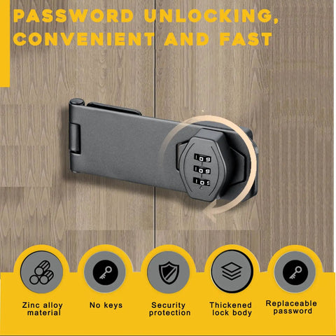 Badass Password Combo Rotary Hasp Locks 2 Pack Heavy Duty Black Numeric Security Slide Latch on wood, keyless mechanism, zinc alloy.