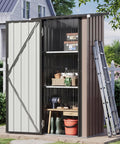 Vertical Outdoor Storage Cabinet Shed With Floor, Space Saving Design, Open Doors Showing Shelves, Ladder Propped Outside