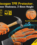 Cut Resistant Work Gloves with Impact TPR Protector and Nitrile Dipped Grips, oil resistant, shown in orange with a hammer.
