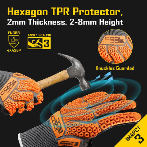 Cut Resistant Work Gloves with Impact TPR Protector and Nitrile Dipped Grips, oil resistant, shown in orange with a hammer.