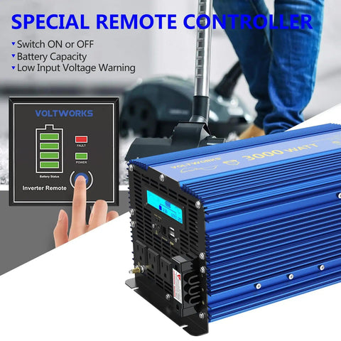 3000W Pure Sine Wave Power Inverter 12V DC To 110V 120V AC With 4 Outlets USB Ports LCD Display ETL Listed UL458 shown with remote