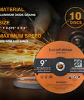 10 Pack 9 Inch Cut Off Wheels 0.075 Inch Thick 7/8 Inch Arbor For Angle Grinder Heavy Duty Aggressive Metal And Stainless Steel Cutting Discs