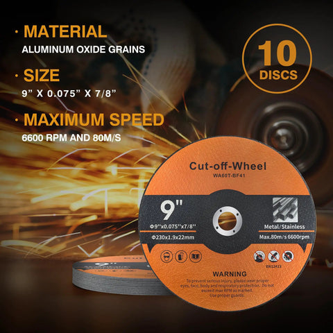 10 Pack 9 Inch Cut Off Wheels 0.075 Inch Thick 7/8 Inch Arbor For Angle Grinder Heavy Duty Aggressive Metal And Stainless Steel Cutting Discs
