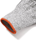 Close-up of Cut Resistant Safety Work Gloves Level A2 Polyurethane Coated For Dexterity And Grip, grey cuff with orange trim, size 9