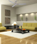 58 Inch Velocity Indoor Ceiling Fan With Heavy Duty 4 Speed Motor, White Finish, seen in modern living room with yellow sofas