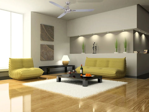 58 Inch Velocity Indoor Ceiling Fan With Heavy Duty 4 Speed Motor, White Finish, seen in modern living room with yellow sofas
