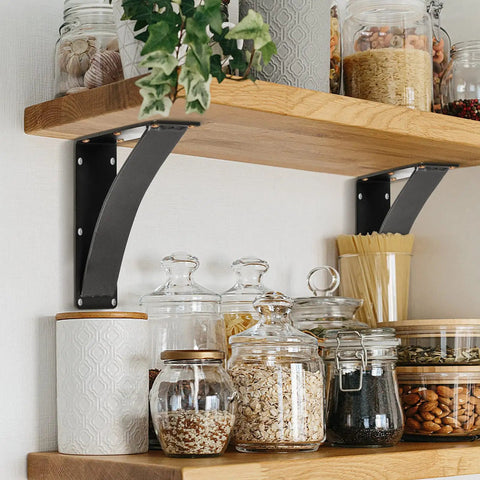 Heavy Duty Shelf Brackets 10 By 12 By 2.5 Inch Two Pack, Steel Triangle Mantel Brackets holding wooden shelves with jars