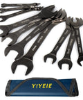 Ultra Slim Open End Wrench Set 10 Piece Metric With Rolling Pouch Includes 5.5 7 8 9 10 11 12 13 14 15 16 17 18 19 20 21 22 23 24 27 Millimeter Nickel Coated CRV Steel For Tight Spaces displayed on white background