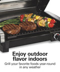 Indoor Searing Grill With Viewing Window And Adjustable Temp To 450F 118 Square Inches Cooking Surface Serves Six PFAS Free Removable Nonstick Grate Stainless Steel with steaks and vegetables grilling