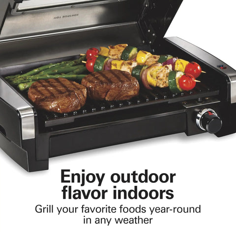Indoor Searing Grill With Viewing Window And Adjustable Temp To 450F 118 Square Inches Cooking Surface Serves Six PFAS Free Removable Nonstick Grate Stainless Steel with steaks and vegetables grilling