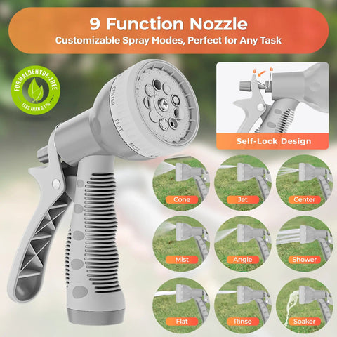 Gray 9 function sprayer nozzle of Retractable Garden Hose Reel 100 Foot Half Inch With Wall Mount Easy Pull Auto Rewind.