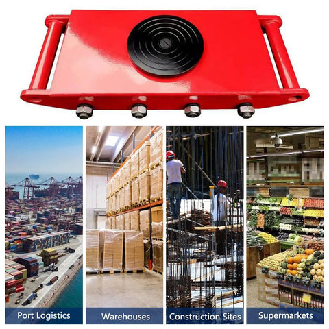 Heavy Duty Machinery Moving Dolly With Steel Wheels For Industrial Equipment shown with warehouse and dock background