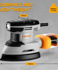 Detail Sander For Precise Handheld Work 1.5A Mouse Palm Corded Sander shown with dimensions and dust collector