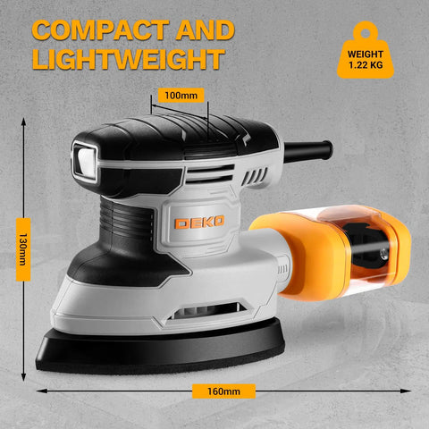 Detail Sander For Precise Handheld Work 1.5A Mouse Palm Corded Sander shown with dimensions and dust collector
