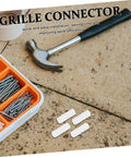 Hella Sturdy Slick Furniture Connector Kit 100 Piece Hidden Fasteners For Dead Simple Cabinet And Shelf Assembly Heavy Duty Wood Panel Joiners With Double Head Design, featuring tools and fasteners on a work surface.