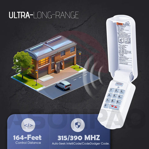 Genie Wireless Garage Door Opener Keypad Replacement Universal Intellicode Compatible Keypad shown with house at night.