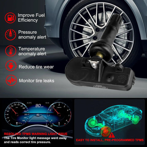 Set Of 4 Pre Programmed 315MHz TPMS Sensor Compatible With Chevy Silverado GMC Sierra Cadillac Buick Pontiac Saturn Hummer Saab Replace 13586335 13598771 13598772 Plug And Play Ready To Install Tire Pressure Sensor Kit for tire wheel monitoring