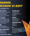 Image of Mannol Dexron VI 8207 ATF suitability list for various car models with a close-up of fluid being poured into an orange funnel.