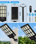 Heavy Duty 4 Pack Solar Street Lights Outdoor Waterproof Rock Solid Motion Sensor Floodlights With Dusk To Dawn And Remote Control, components and mounted view.