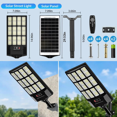 Heavy Duty 4 Pack Solar Street Lights Outdoor Waterproof Rock Solid Motion Sensor Floodlights With Dusk To Dawn And Remote Control, components and mounted view.
