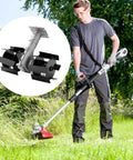 Man using Weed Removal Hand Tool With Tiller Cultivator Wheel Rotary Grass Cutter Attachment for mowing lawns and garden maintenance.
