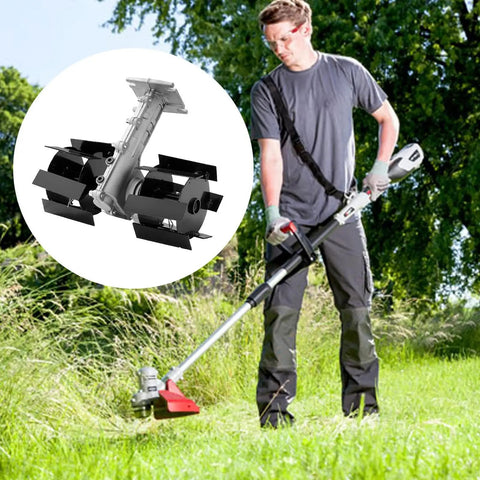 Man using Weed Removal Hand Tool With Tiller Cultivator Wheel Rotary Grass Cutter Attachment for mowing lawns and garden maintenance.