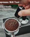 Espresso Distribution Tool With 9 Needles For WDT Stirring, 0.25mm Stainless Steel Wires, shown breaking clumps in portafilter.
