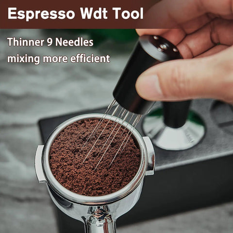 Espresso Distribution Tool With 9 Needles For WDT Stirring, 0.25mm Stainless Steel Wires, shown breaking clumps in portafilter.