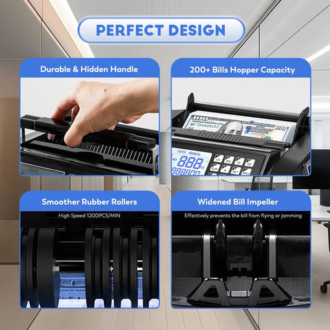 Fast Cash Counter Machine With Value Count And 4 Inch LED Display showcasing parts and features in four sections.