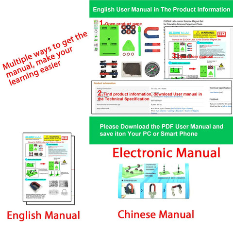 Instruction manuals and options for Junior Science Magnet Set For Hands On STEM Experiments With Bar Ring Horseshoe Compass Magnets And Accessories Kid Friendly 16 Piece Learning Kit For Kids Great For Classroom Activities And Home Learning Experiments displayed in English and Chinese