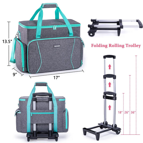 Rolling Sewing Machine Case With Wheels And Detachable Wheel Frame, Trolley Tote With Removable Padding, dimensions shown, multiple views