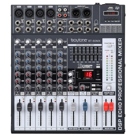 Front view of 6 Channel Bluetooth Audio Mixer DJ Sound Controller With USB MP3 Player 4 XLR Microphone Inputs 7 Band EQ 16 DSP Digital Effects