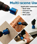 Front view of LITDDDW 10-pack diamond hole saw kit with blue cutter attached to drill for ceramic tile and stone