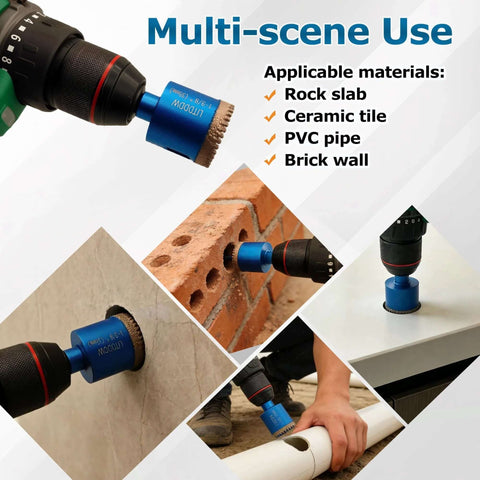 Front view of LITDDDW 10-pack diamond hole saw kit with blue cutter attached to drill for ceramic tile and stone