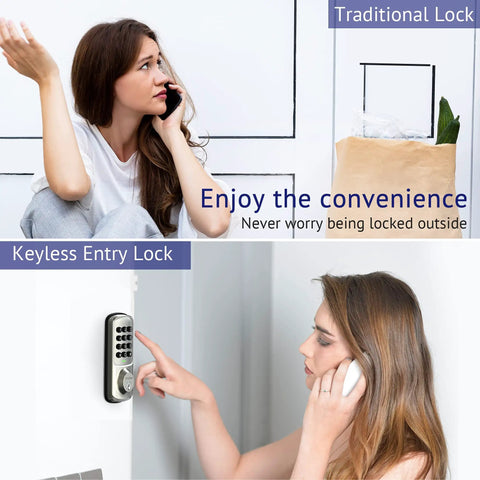 Woman using a Keyless Entry Door Lock With Keypad For Front, Bedroom, And Garage, Auto Lock, 1-Touch Motorized Locking on wall.