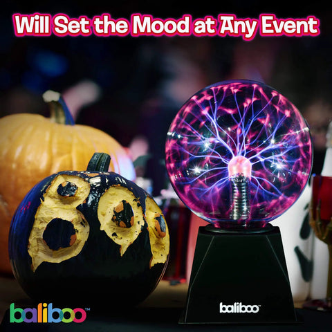 6 Inch Plasma Ball Light With Touch And Sound Activation Lightning Globe on table with pumpkins for party decor