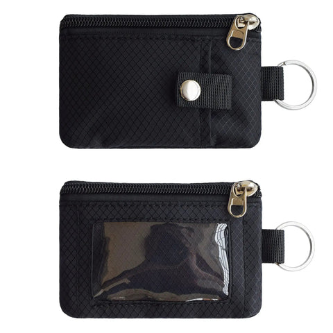Ultra Slim RFID Blocking Wallet With ID Window And Lanyard, Water Resistant Zip Case For Cards And Cash, front and back view