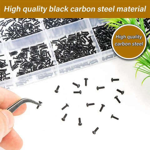 1500 Pcs Tiny Micro Repair Screws Set Black Carbon Steel Phillips Pan Head M1 To M1.7 Assortment in open storage box