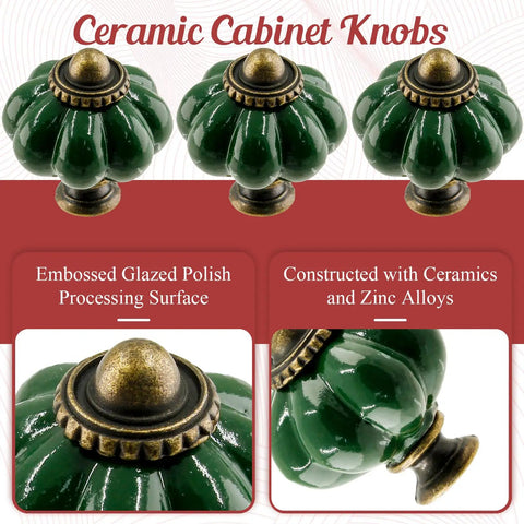 8-Piece Ceramic Pumpkin Cabinet Knobs In Dark Green With Dope Vintage Vibe For Vanity, Closet And Cupboard, Pumpkin Shaped Drawer Knobs, Durable Ceramic Hardware With Screws Included