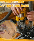 Dust Collection Adapter For DWP611 Compact Router And DNP616 Plunge Base Routers, installed on router, showing clear body.